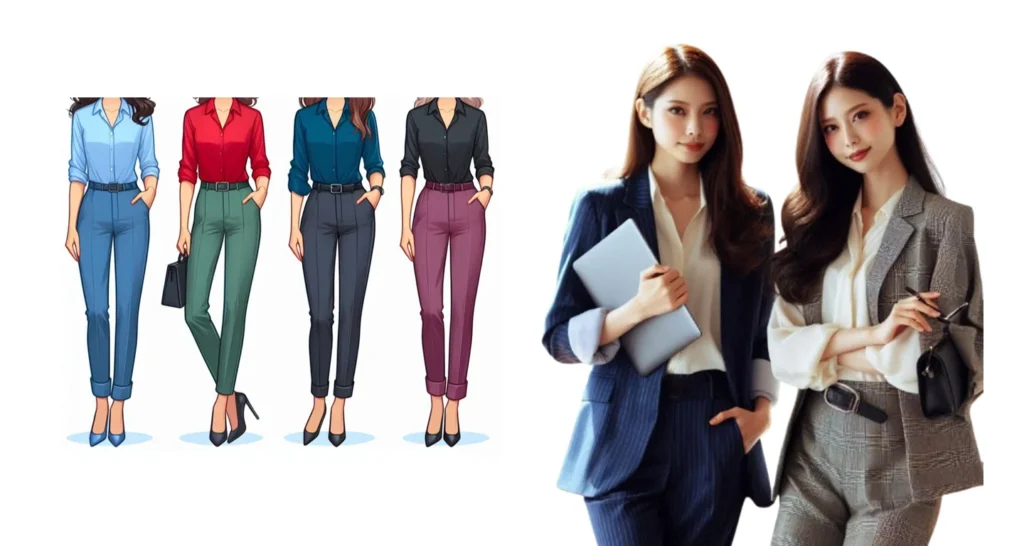 Business casual outfit for women featuring a blouse, skirt, and blazer